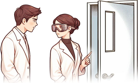 A female lab worker wearing eye protection points out the door, asking a labmate who is not wearing eye protection to leave the lab.