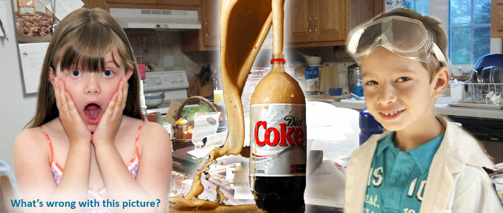 Boy and girl doing home science experiment with exploding bottle of Coke